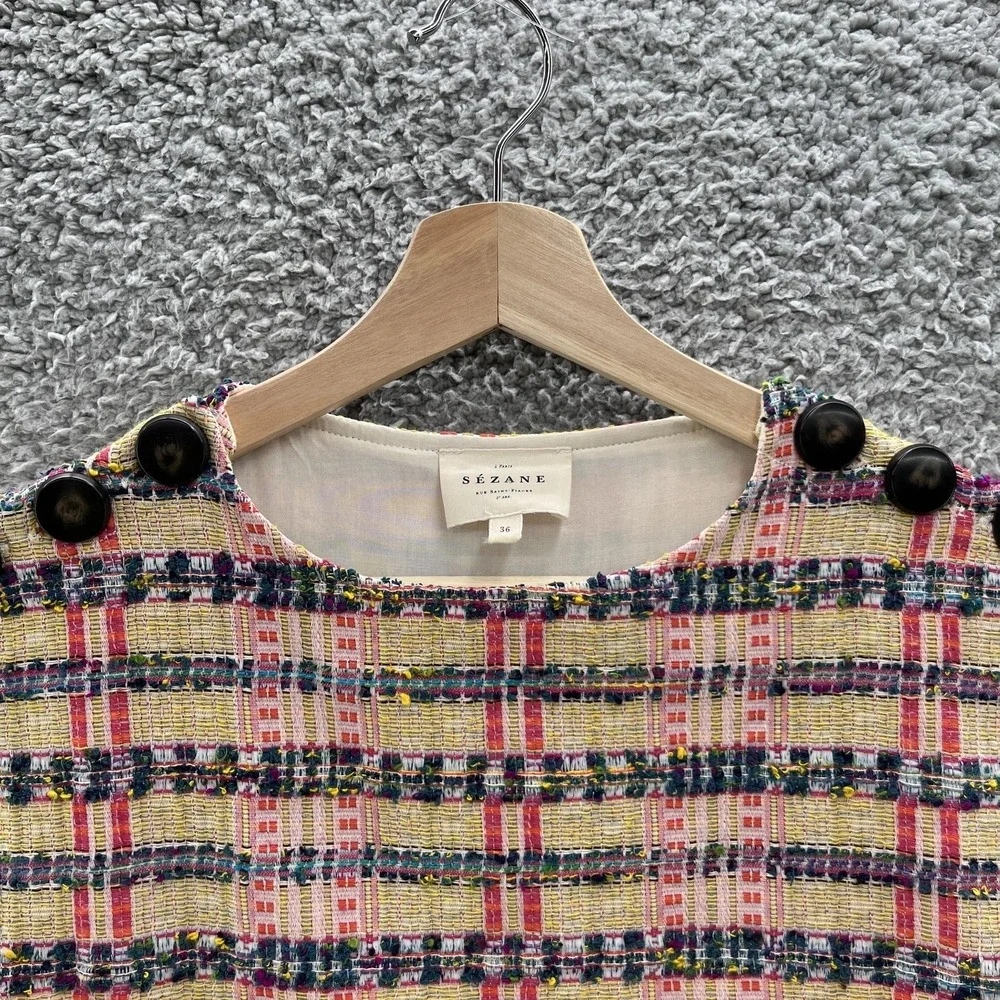 Sezane Dress 4 Multicolor Plaid Tweed Katie Sleeveless MOD Retro Mini Shift - Picture 2 of 13